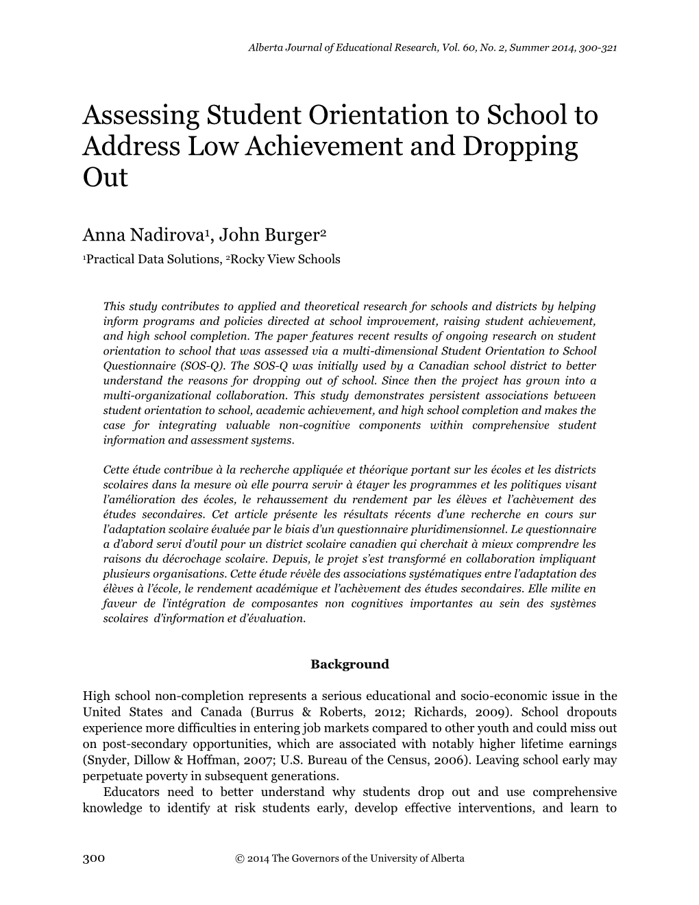 Assessing Student Orientation to School to Address Low Achievement and Dropping Out