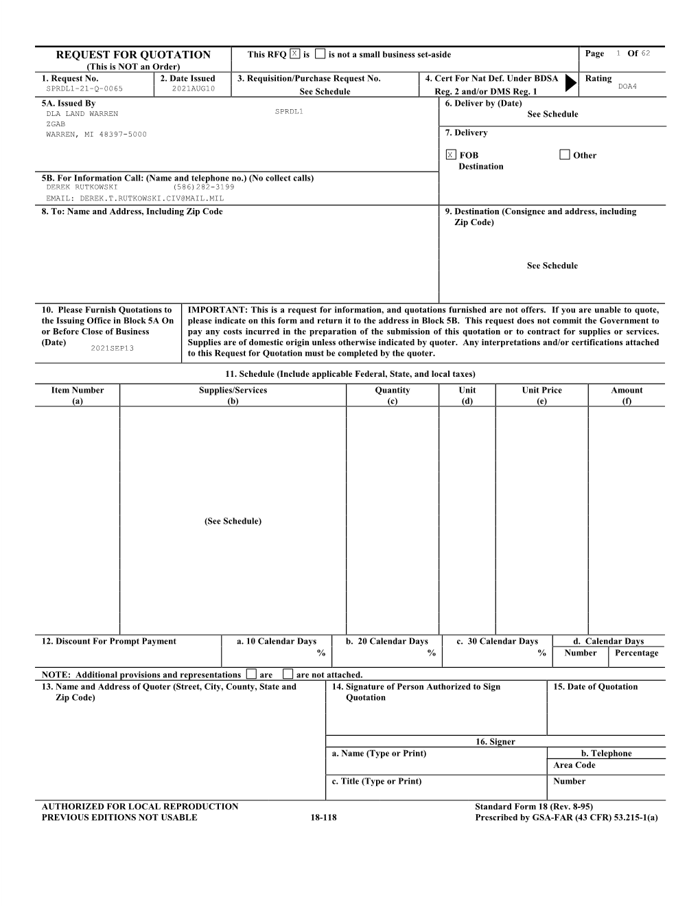 REQUEST for QUOTATION This RFQ X Is Is Not a Small Business Set-Aside Page 1 of 62 (This Is NOT an Order) 1