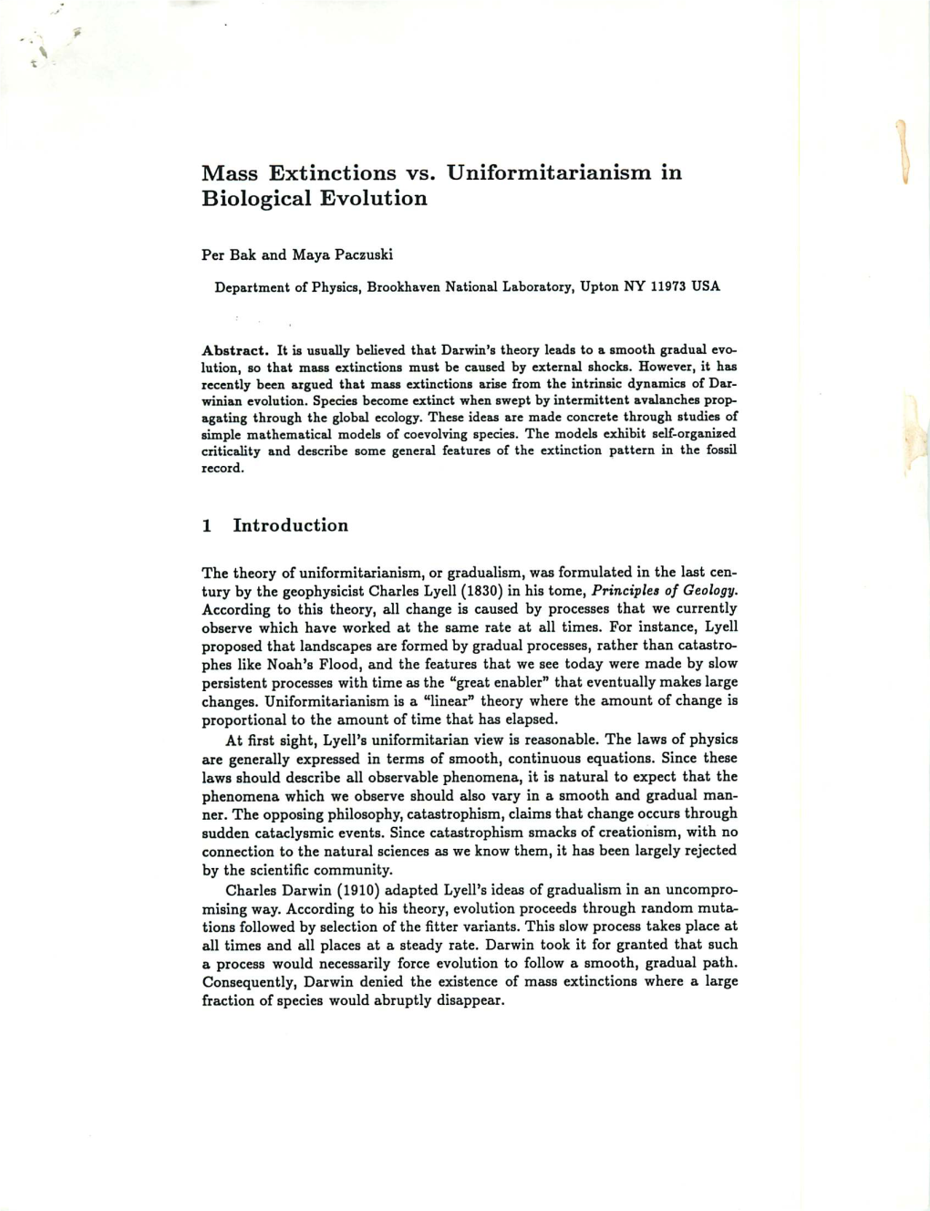 Mass Extinctions Vs. Uniformitarianism in Biological Evolution