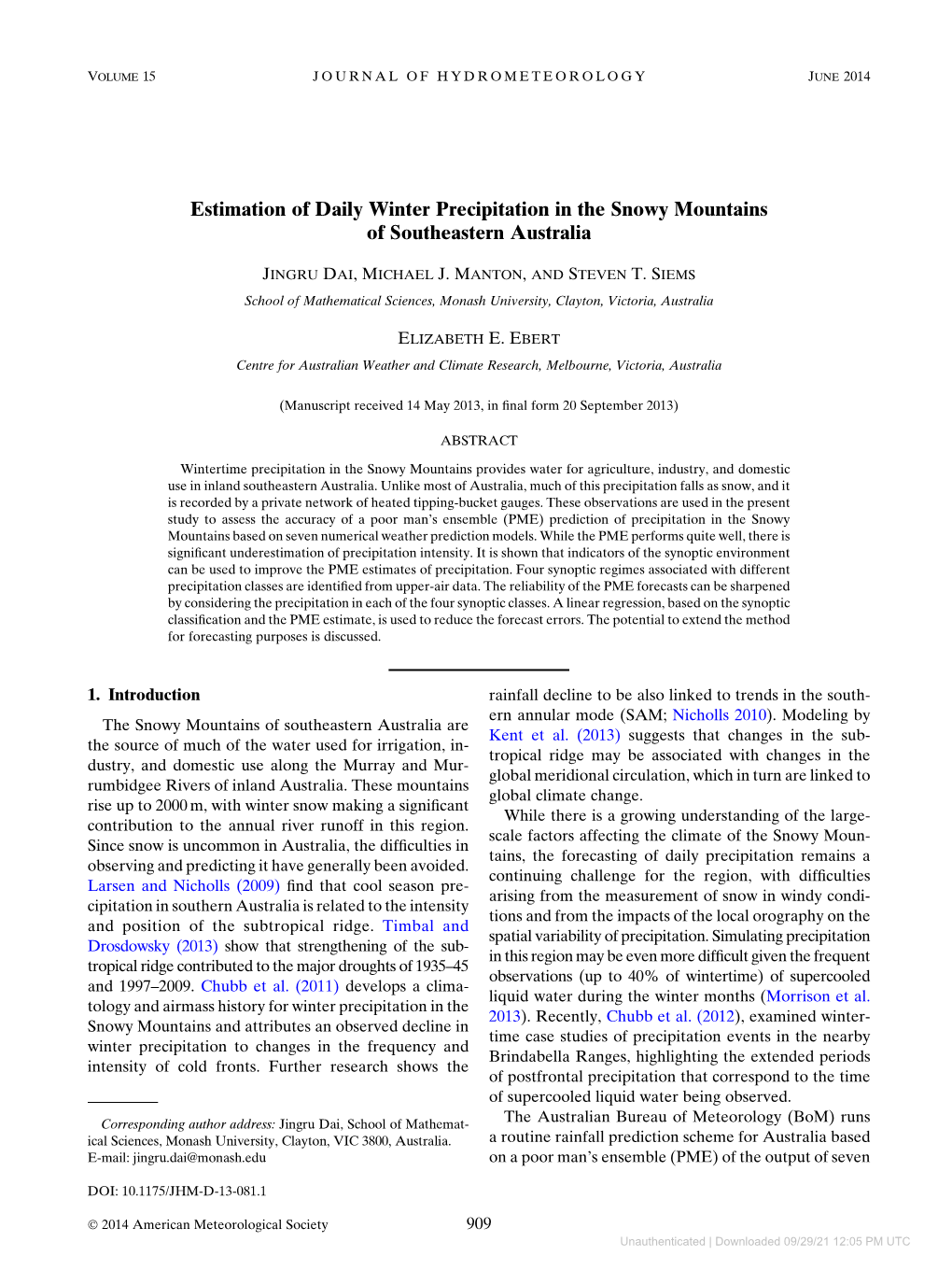 Estimation of Daily Winter Precipitation in the Snowy Mountains of Southeastern Australia