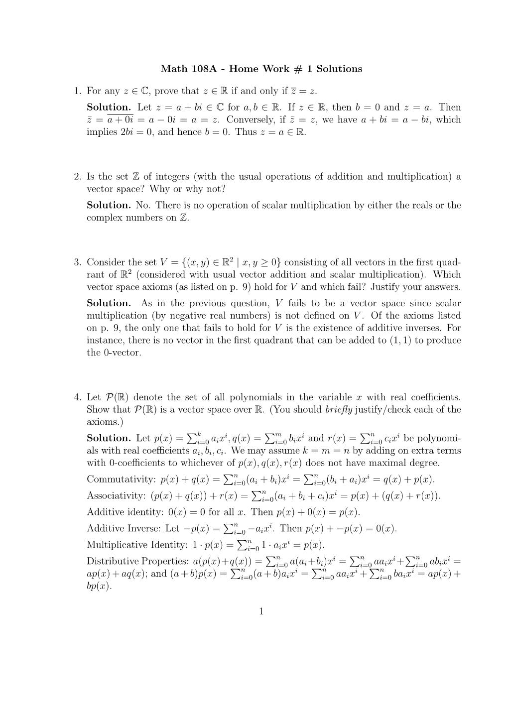 Math 108A - Home Work # 1 Solutions