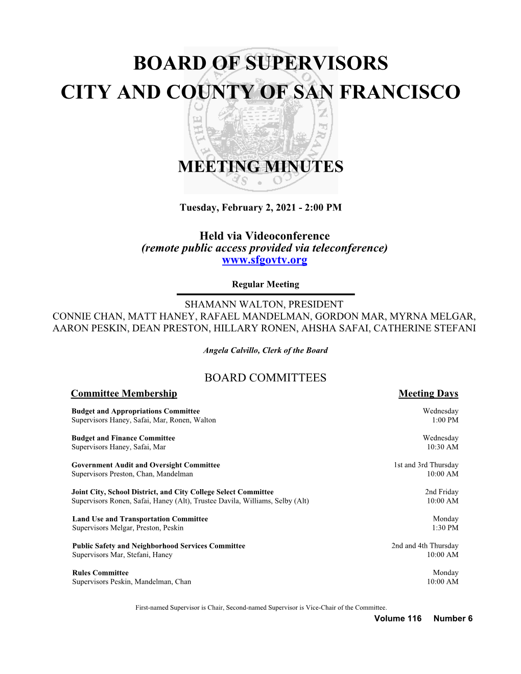 Board of Supervisors City and County of San Francisco