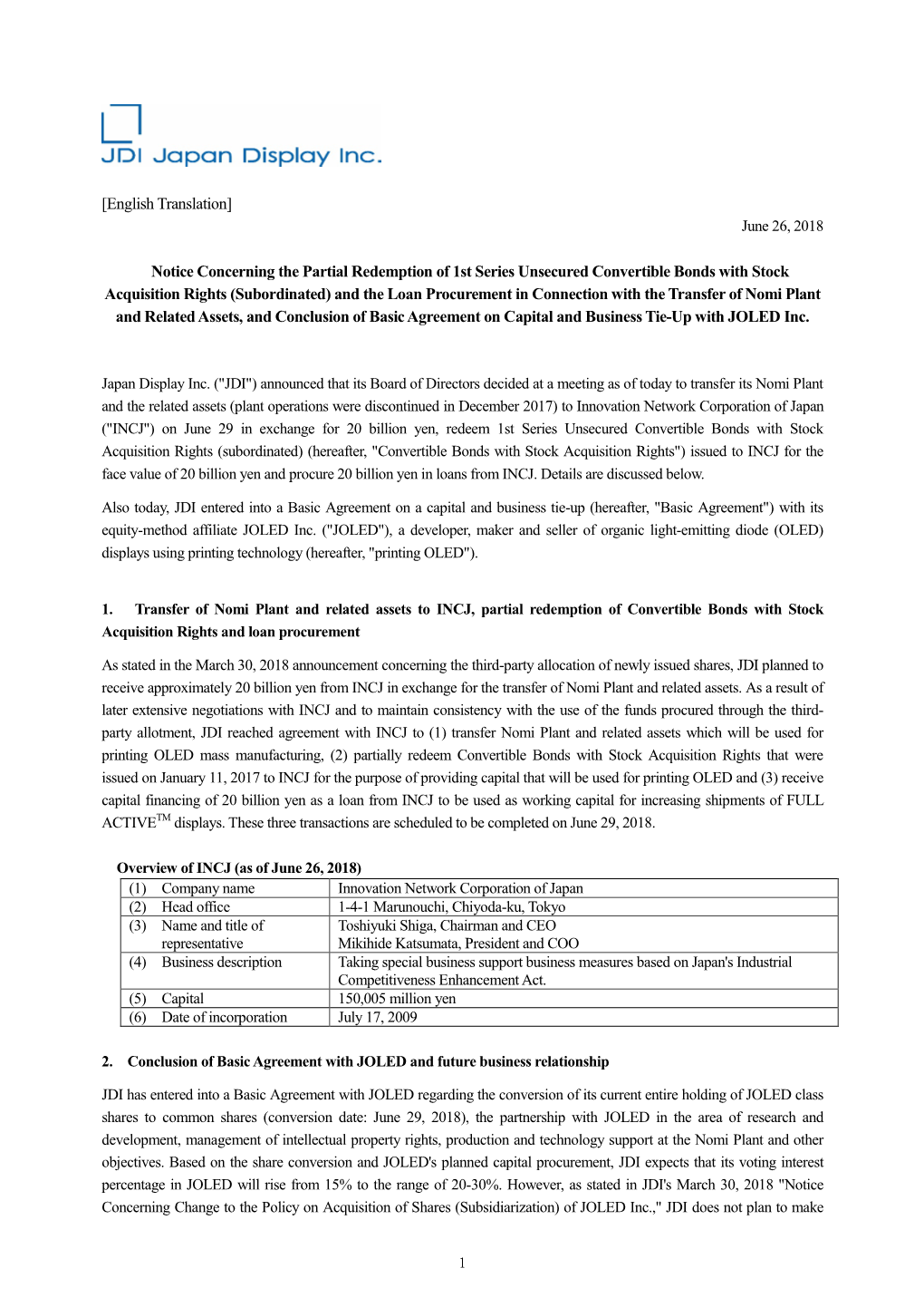 [English Translation] Notice Concerning the Partial Redemption of 1St Series Unsecured Convertible Bonds with Stock Acquisition