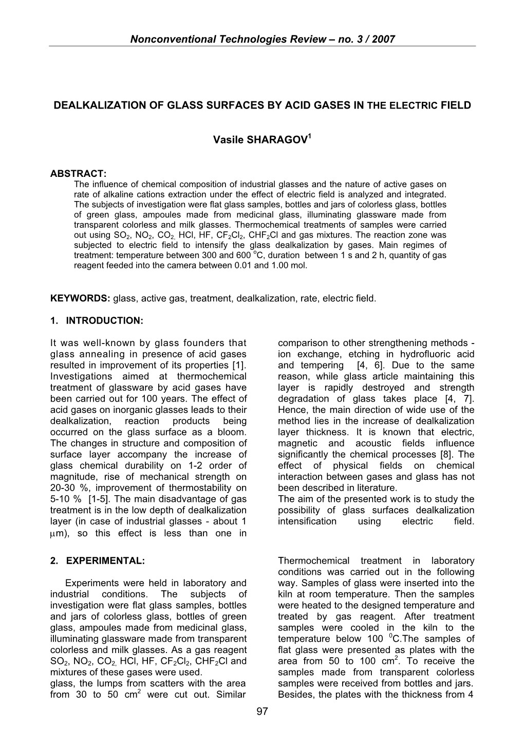 No. 3 / 2007 97 DEALKALIZATION of GLASS SURFACES by ACID