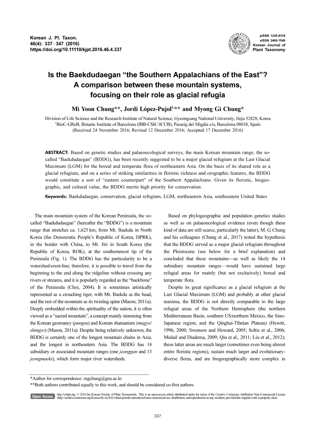 Is the Baekdudaegan “The Southern Appalachians of the East”? a Comparison Between These Mountain Systems, Focusing on Their Role As Glacial Refugia