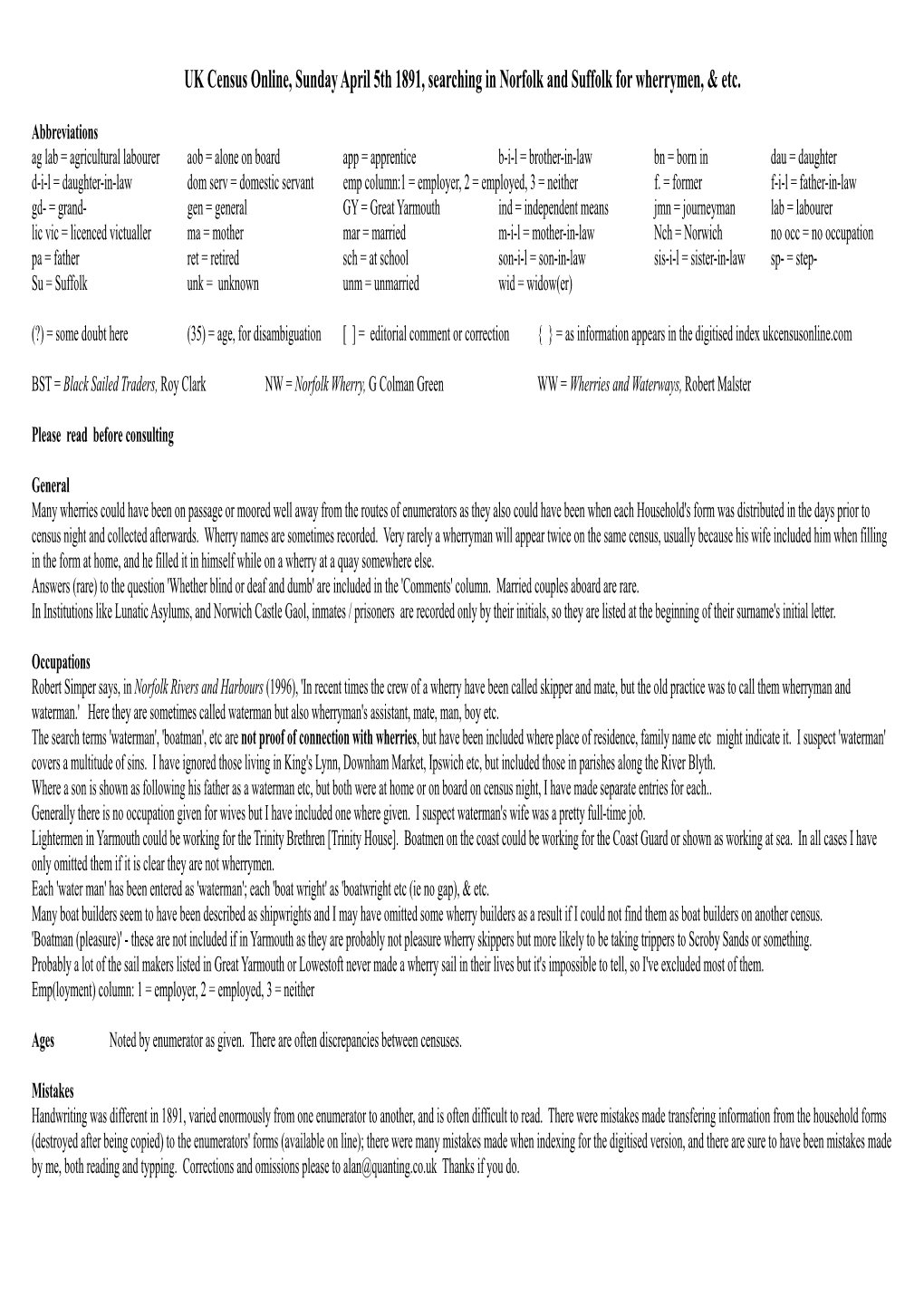 UK Census Online, Sunday April 5Th 1891, Searching in Norfolk and Suffolk for Wherrymen, & Etc