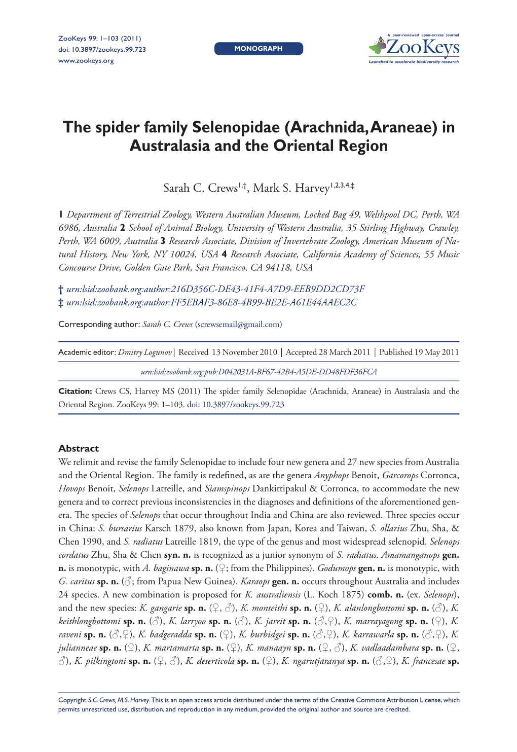 The Spider Family Selenopidae (Arachnida, Araneae) in Australasia and the Oriental Region