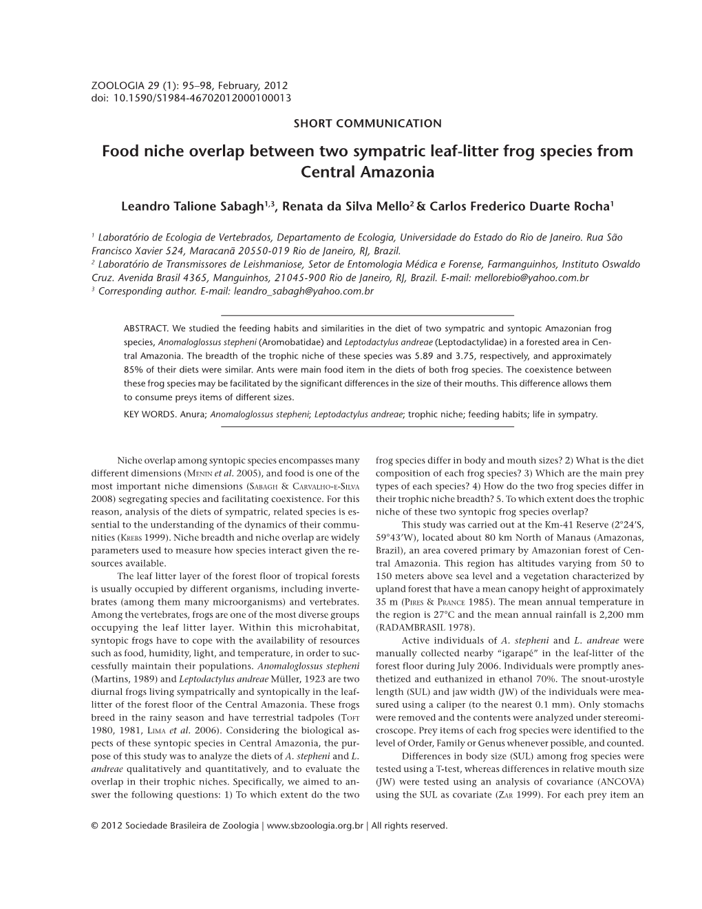 Food Niche Overlap Between Two Sympatric Leaf-Litter Frog Species from Central Amazonia