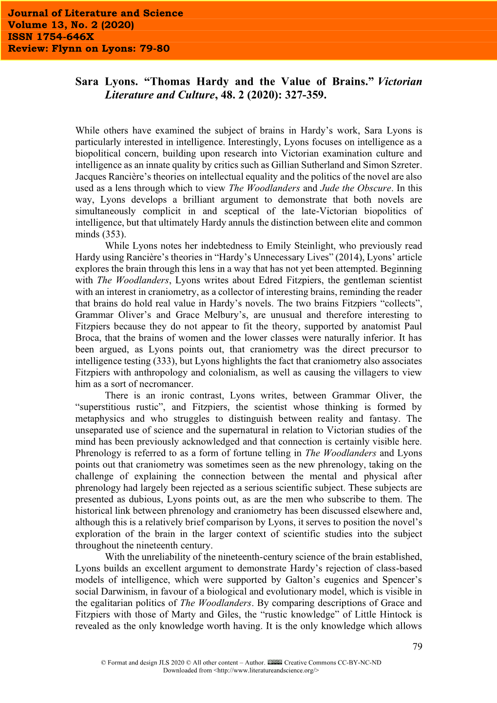 Sara Lyons. “Thomas Hardy and the Value of Brains.” Victorian Literature and Culture, 48