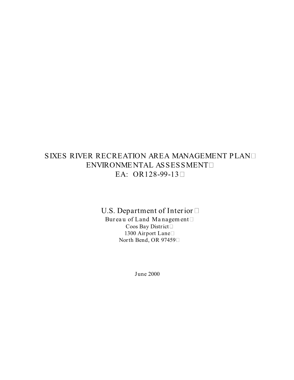 Sixes River Recreation Area Management Plan Environmental Assessment Ea: Or128-99-13