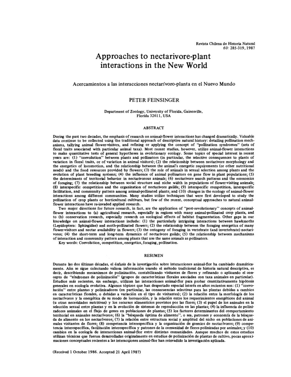 Approaches to Nectarivore-P Lant Interactions in the New World