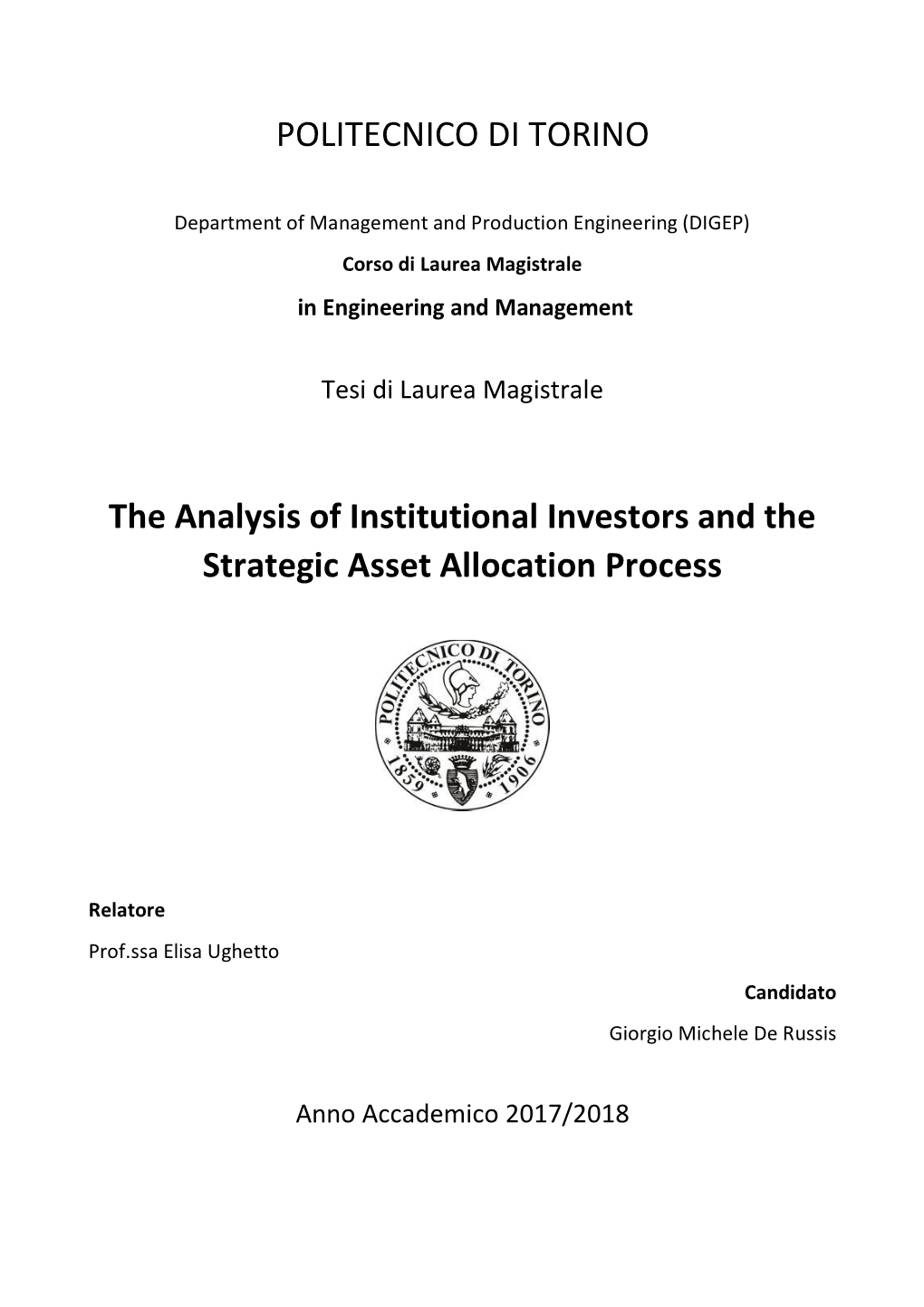 POLITECNICO DI TORINO the Analysis of Institutional Investors