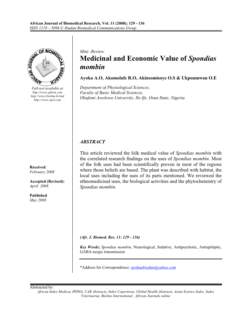 Medicinal and Economic Value of Spondias Mombin