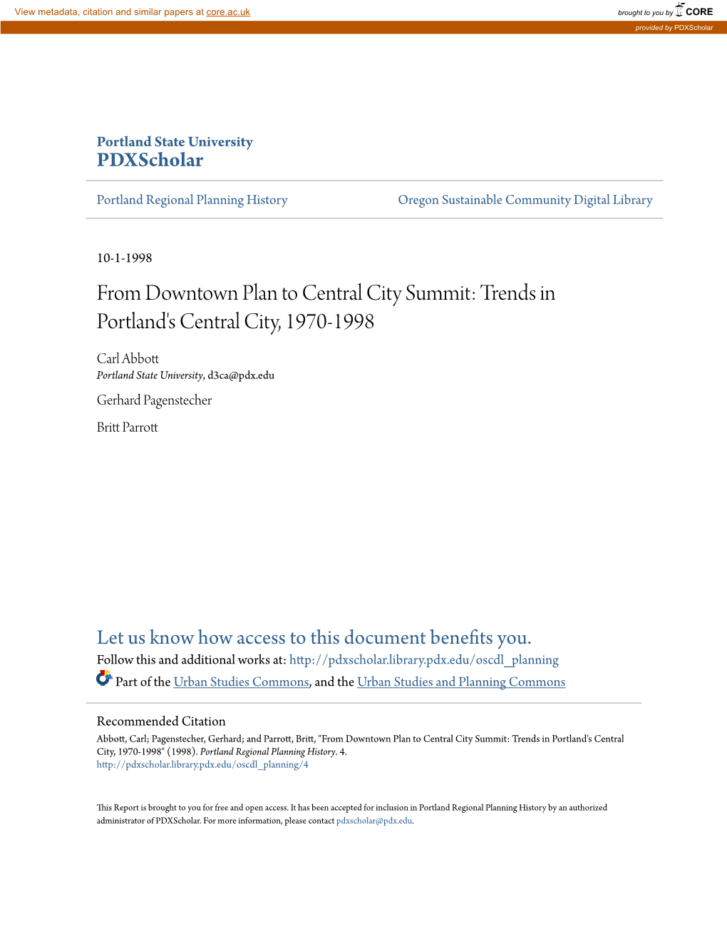 From Downtown Plan to Central City Summit: Trends in Portland's Central City, 1970-1998