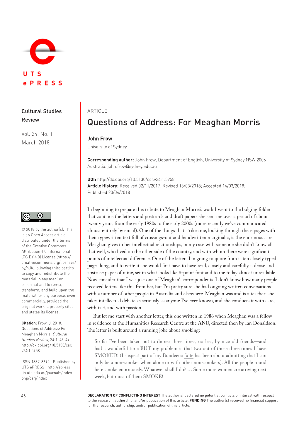 Questions of Address: for Meaghan Morris Vol