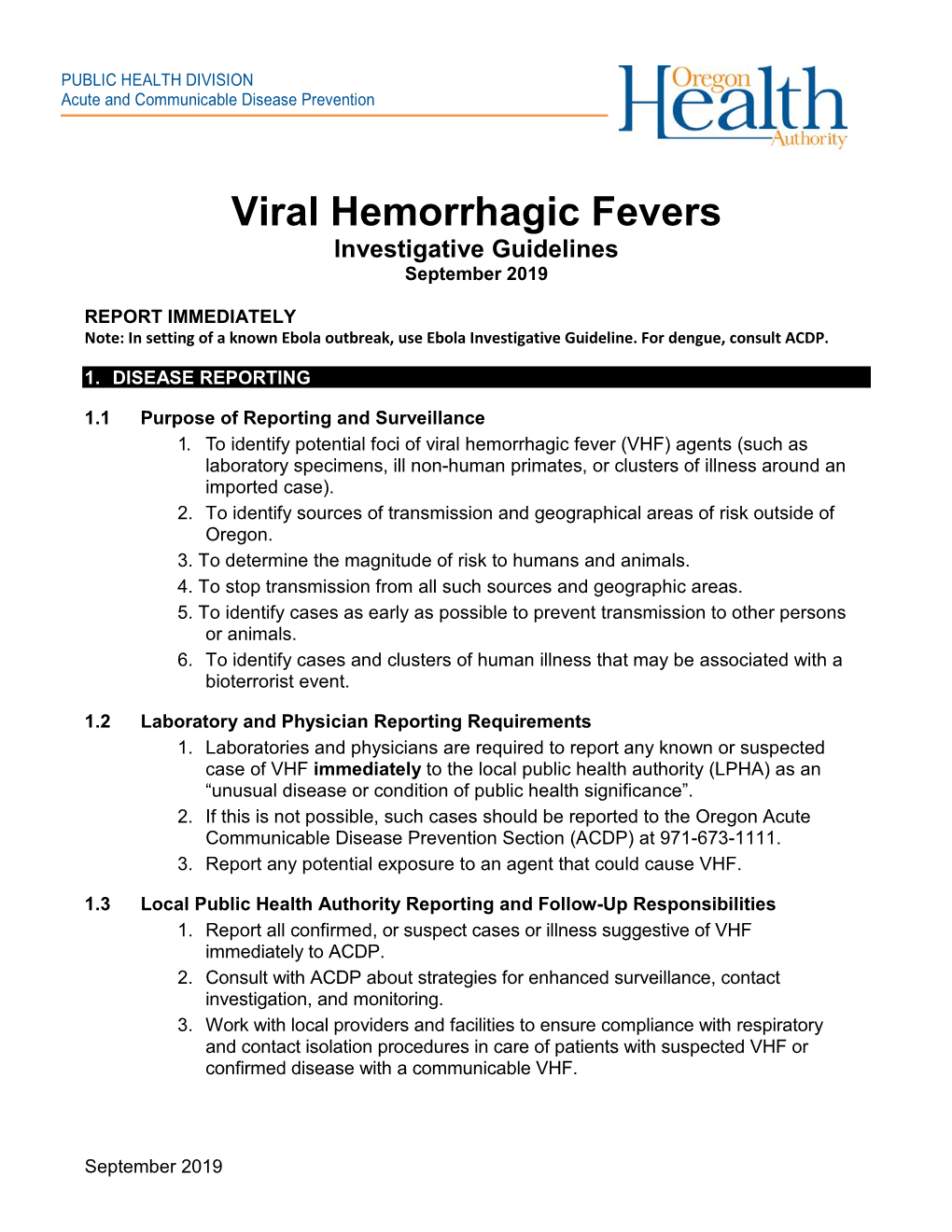 Viral Hemorrhagic Fevers Investigative Guidelines September 2019