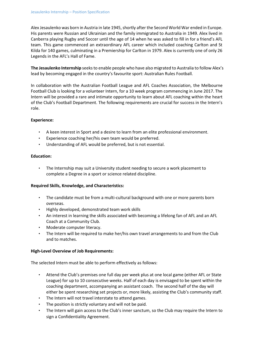 Jesaulenko Internship – Position Specification