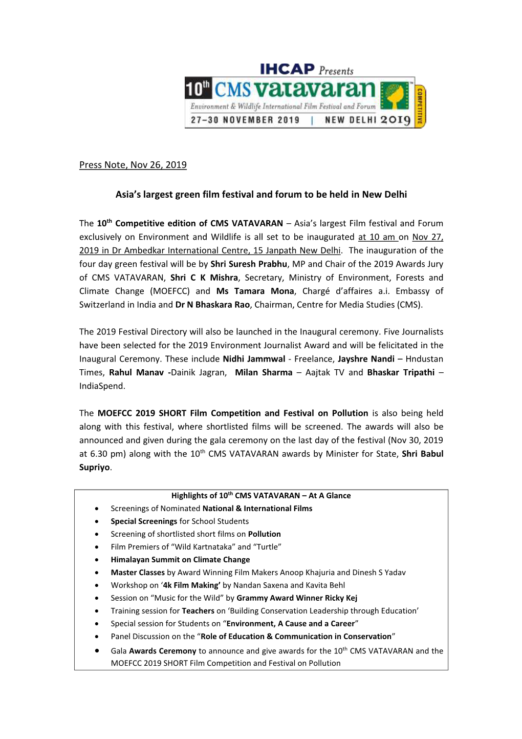 Press Note, Nov 26, 2019 Asia's Largest Green Film Festival and Forum