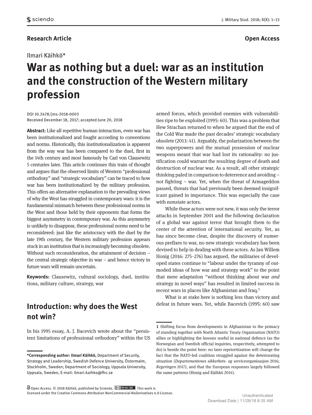 War As Nothing but a Duel: War As an Institution and the Construction of the Western Military Profession