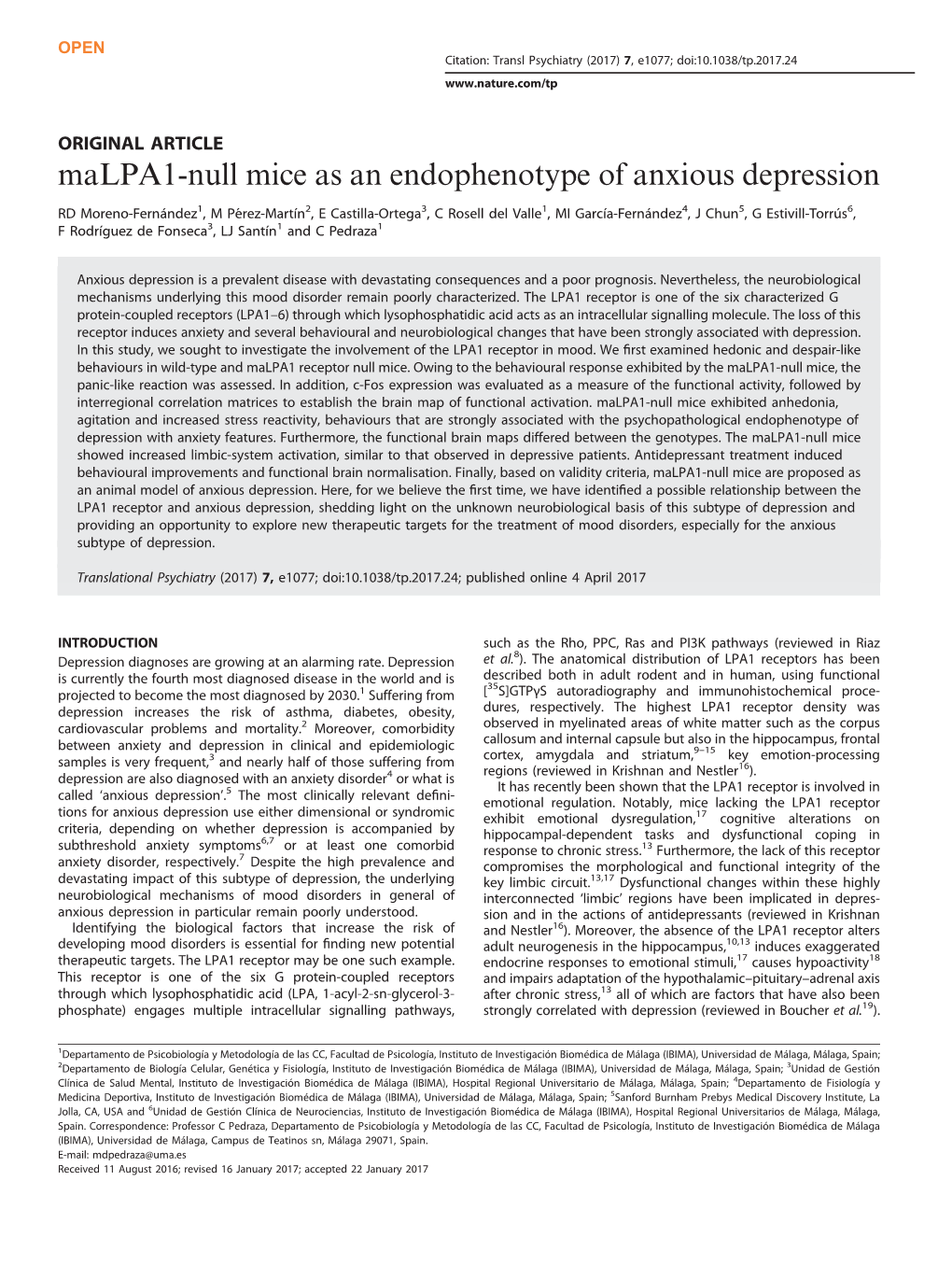 Malpa1-Null Mice As an Endophenotype of Anxious Depression