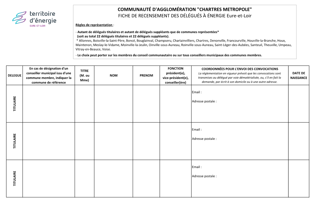 CHARTRES METROPOLE" FICHE DE RECENSEMENT DES DÉLÉGUÉS À ÉNERGIE Eure-Et-Loir