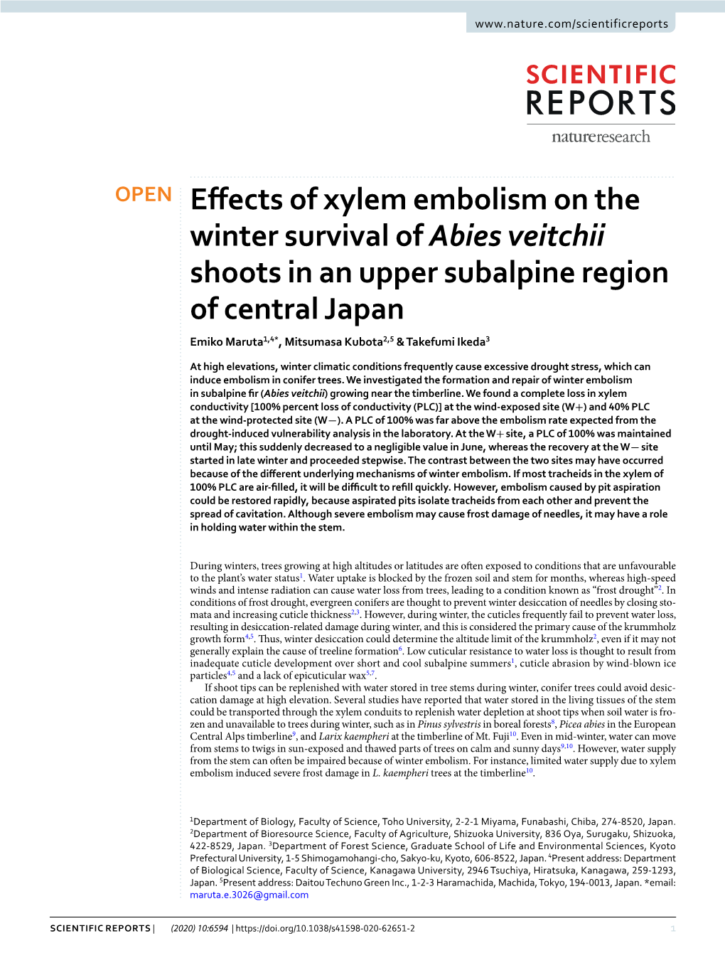 Effects of Xylem Embolism on the Winter Survival of Abies Veitchii Shoots in an Upper Subalpine Region of Central Japan