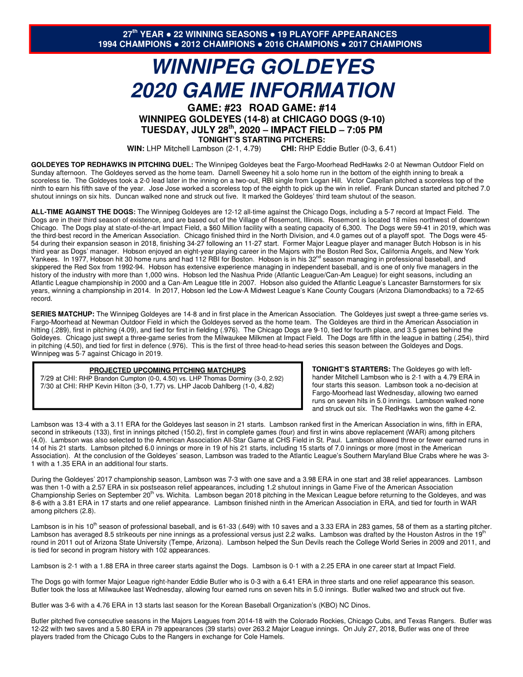 Winnipeg Goldeyes 2020 Game Information