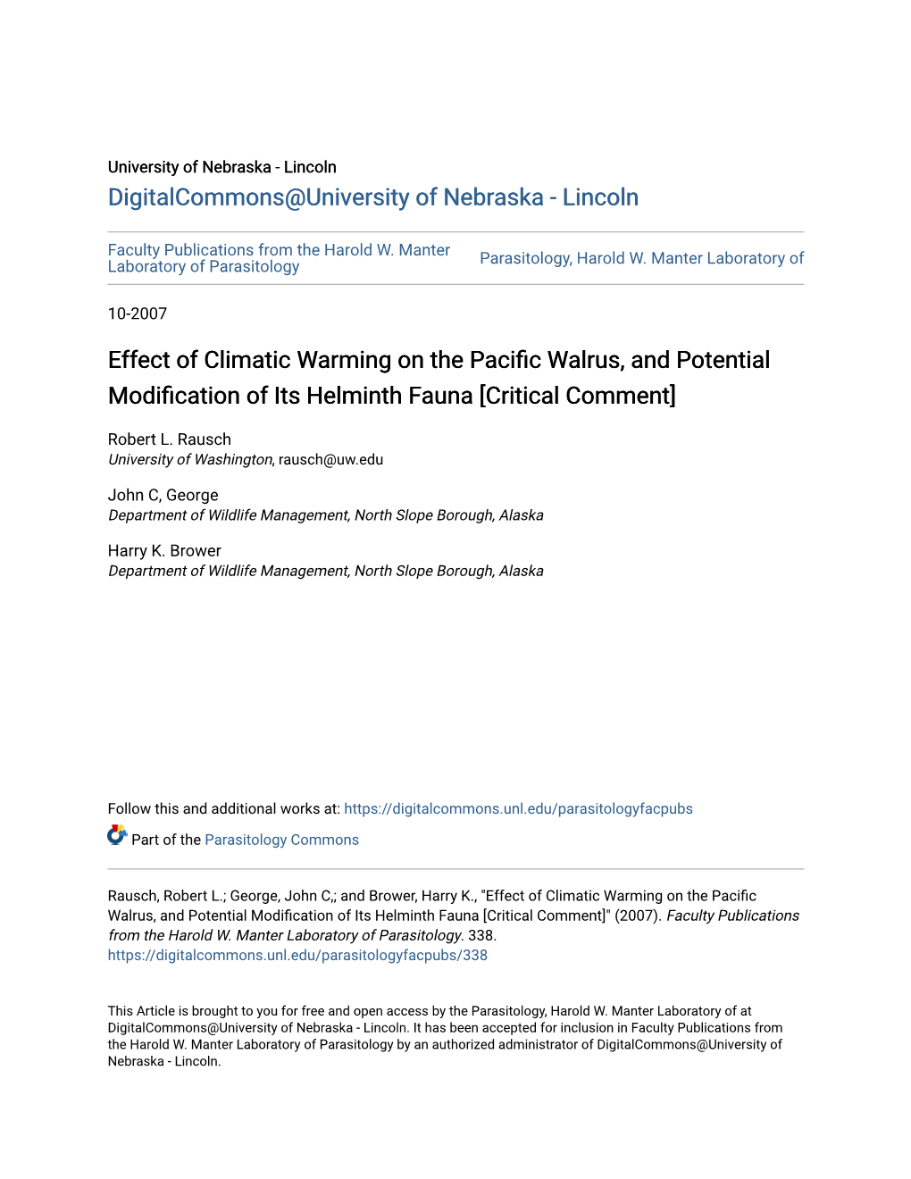 Effect of Climatic Warming on the Pacific Walrus, and Potential Modification of Its Helminth Aunaf [Critical Comment]" (2007)