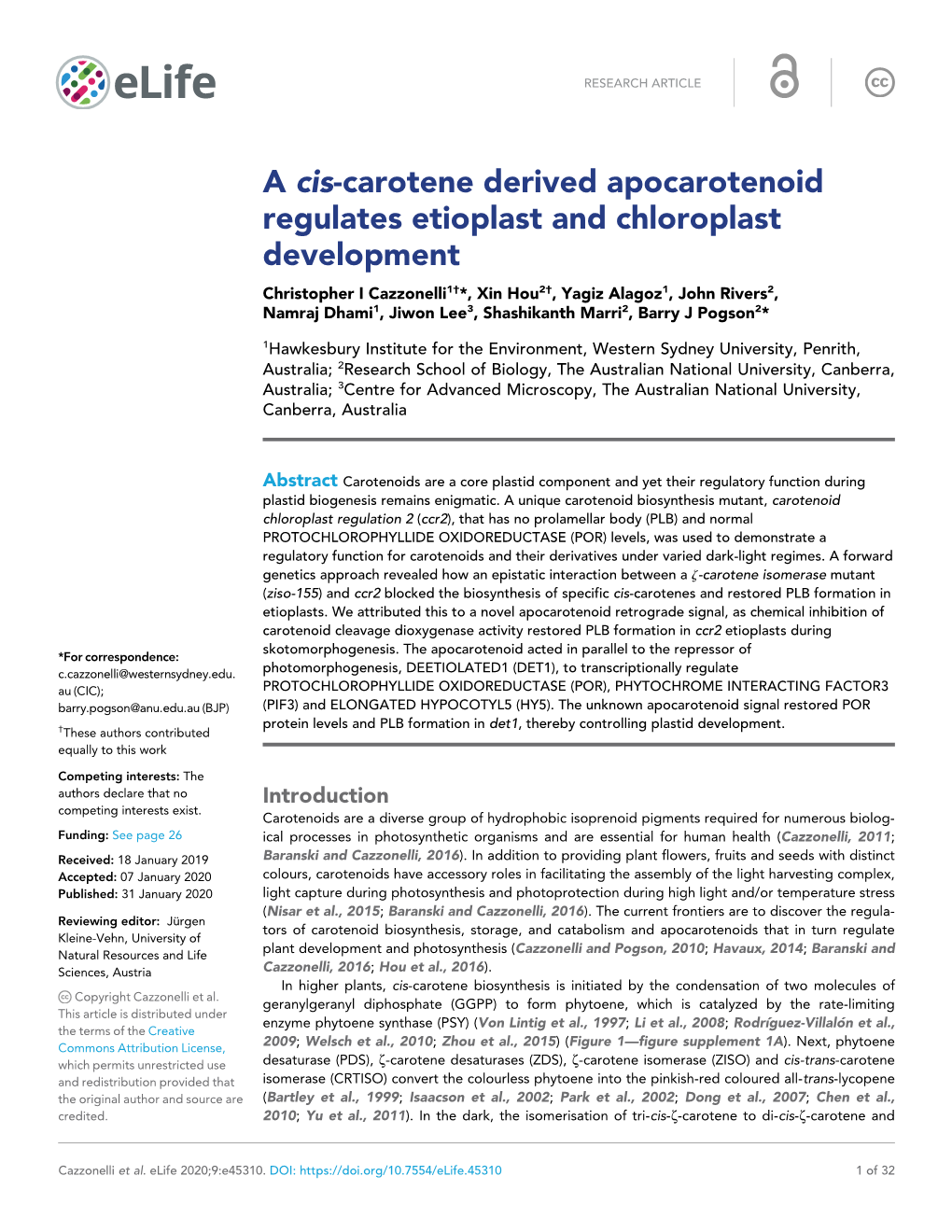 A Cis-Carotene Derived Apocarotenoid Regulates Etioplast And