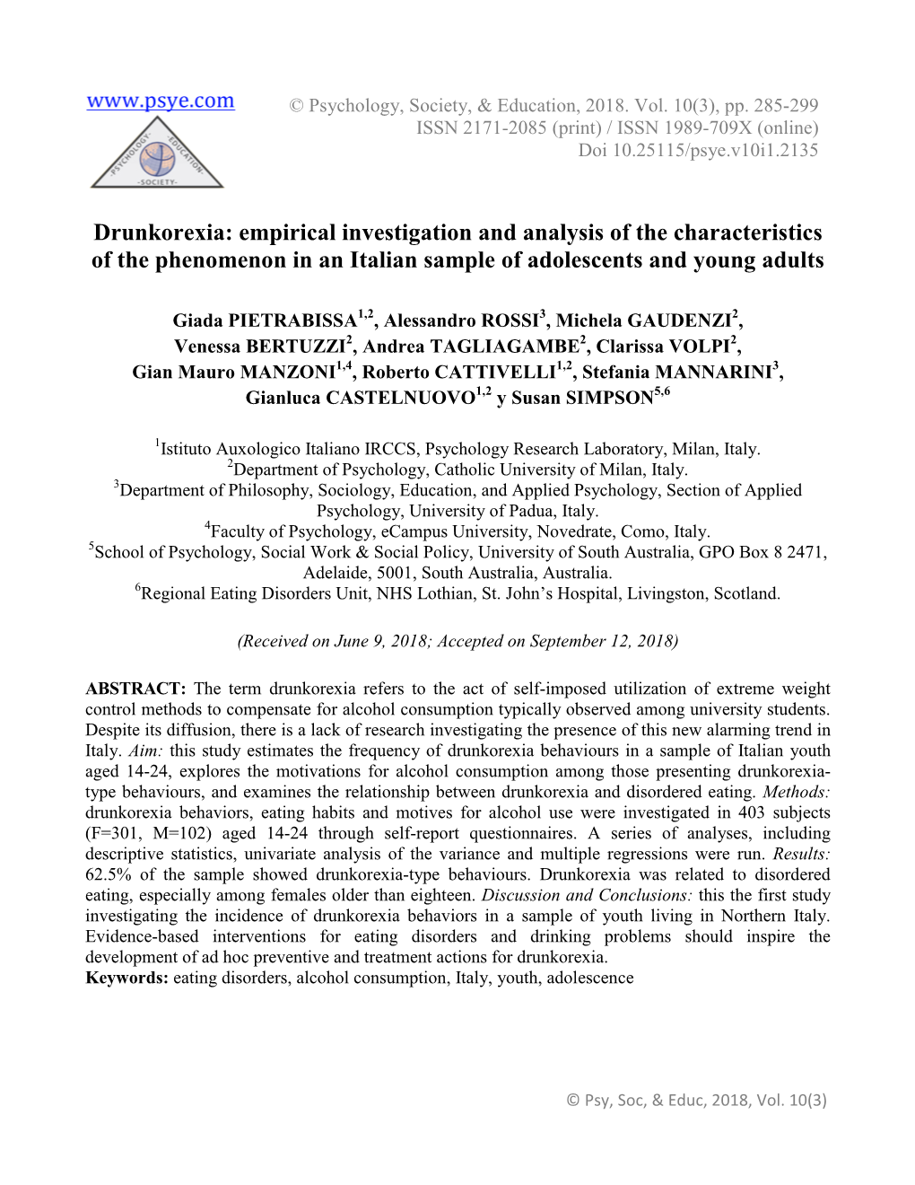 Drunkorexia: Empirical Investigation and Analysis of the Characteristics of the Phenomenon in an Italian Sample of Adolescents and Young Adults