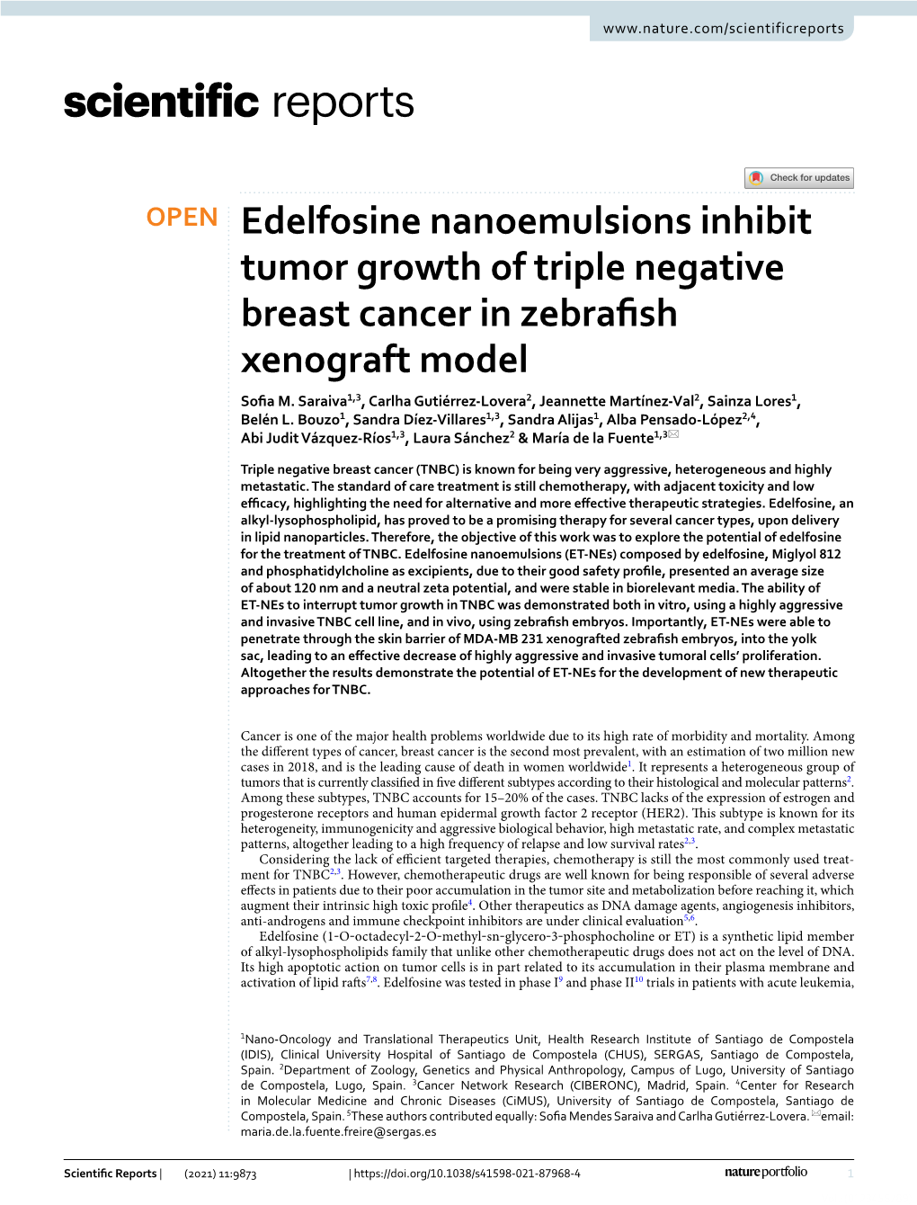 Edelfosine Nanoemulsions Inhibit Tumor Growth of Triple Negative Breast Cancer in Zebrafsh Xenograft Model Sofa M