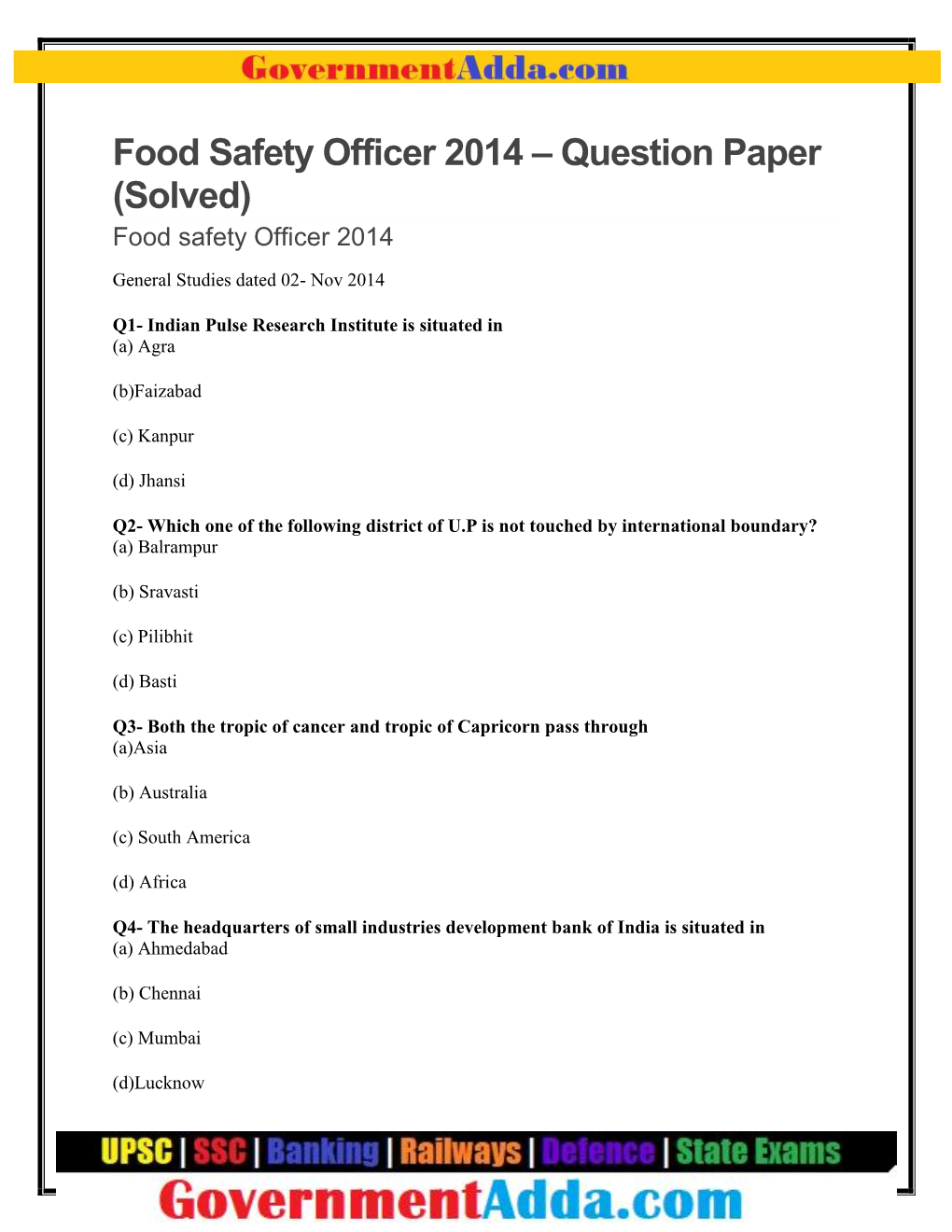 Question Paper (Solved) Food Safety Officer 2014