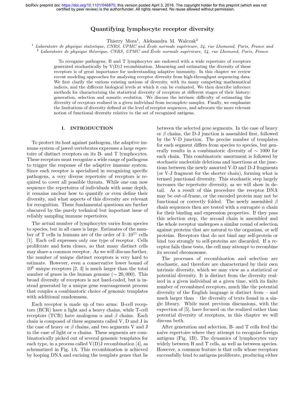 Quantifying Lymphocyte Receptor Diversity