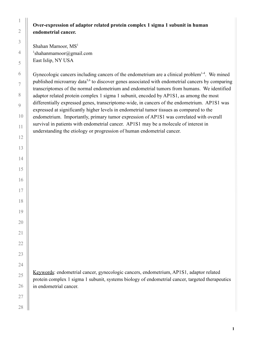 AP1S1 Is Over-Expressed in Human Endometrial Cancer