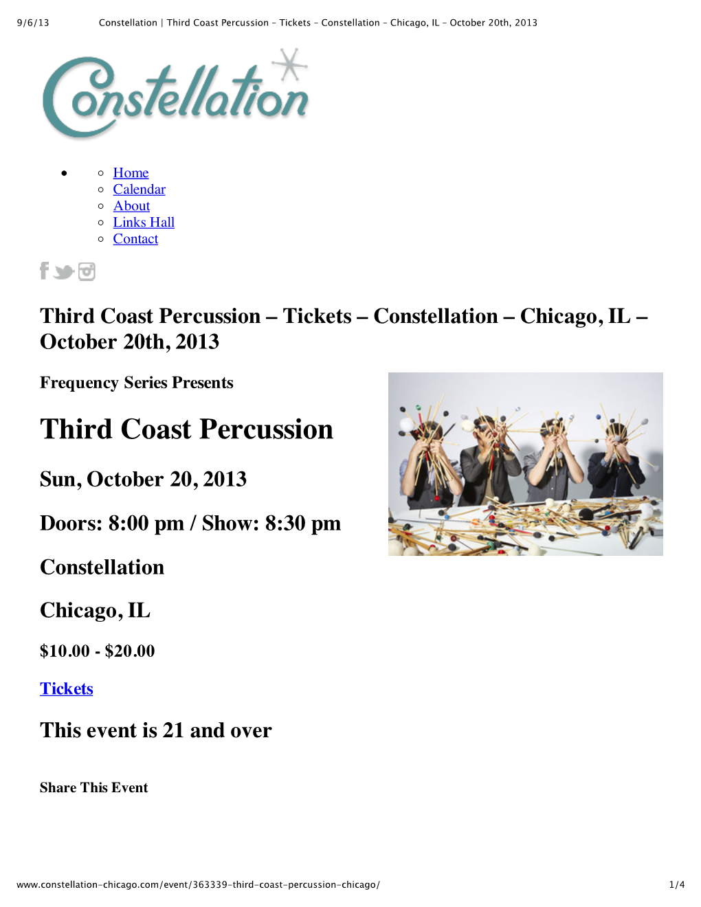 Third Coast Percussion – Tickets – Constellation – Chicago, IL – October 20Th, 2013