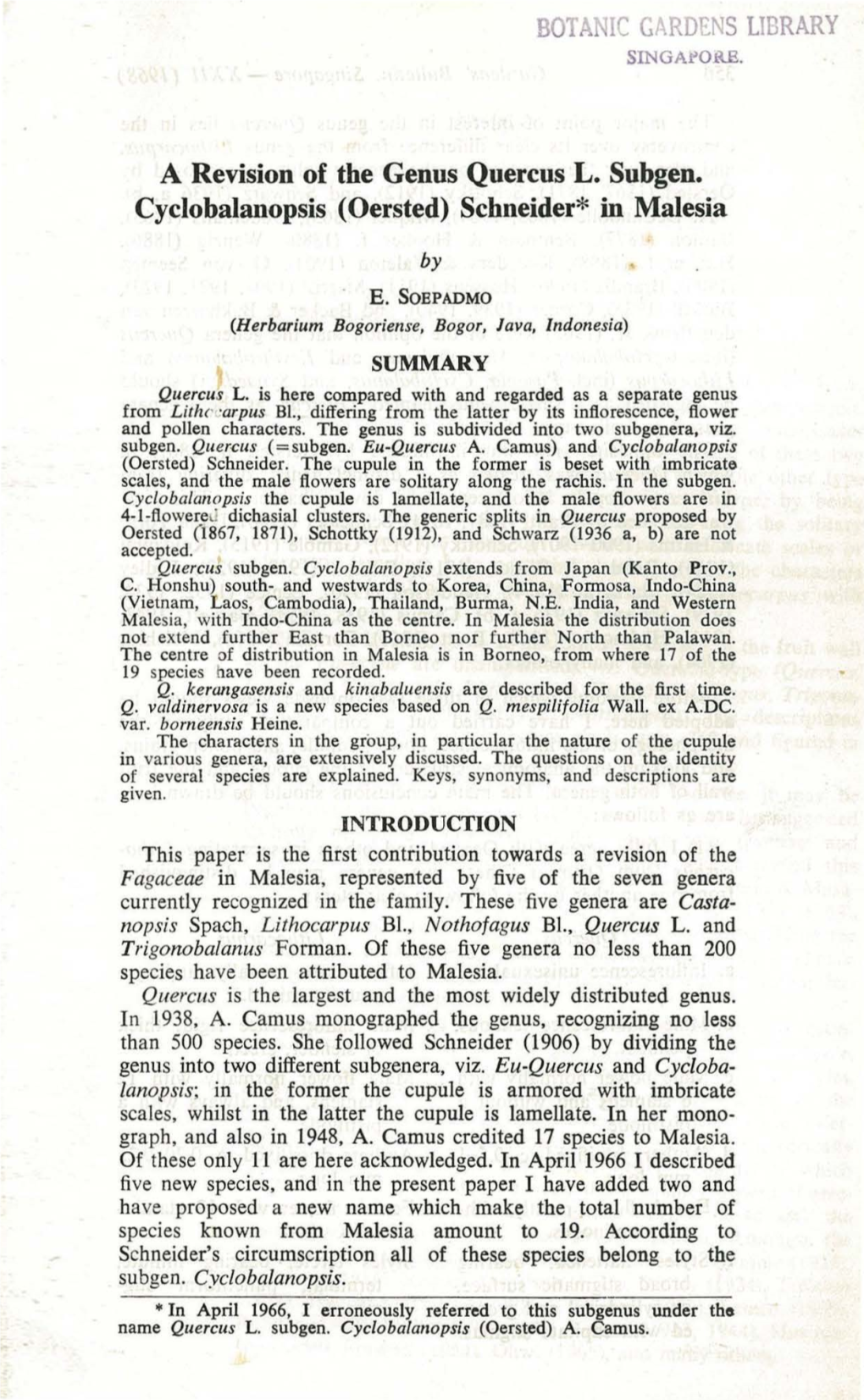 A Revision of the Genus Quercus L. Subgen