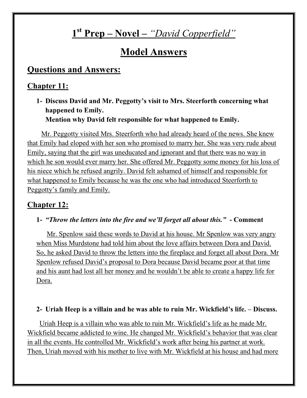 1 Prep – Novel – “David Copperfield” Model Answers