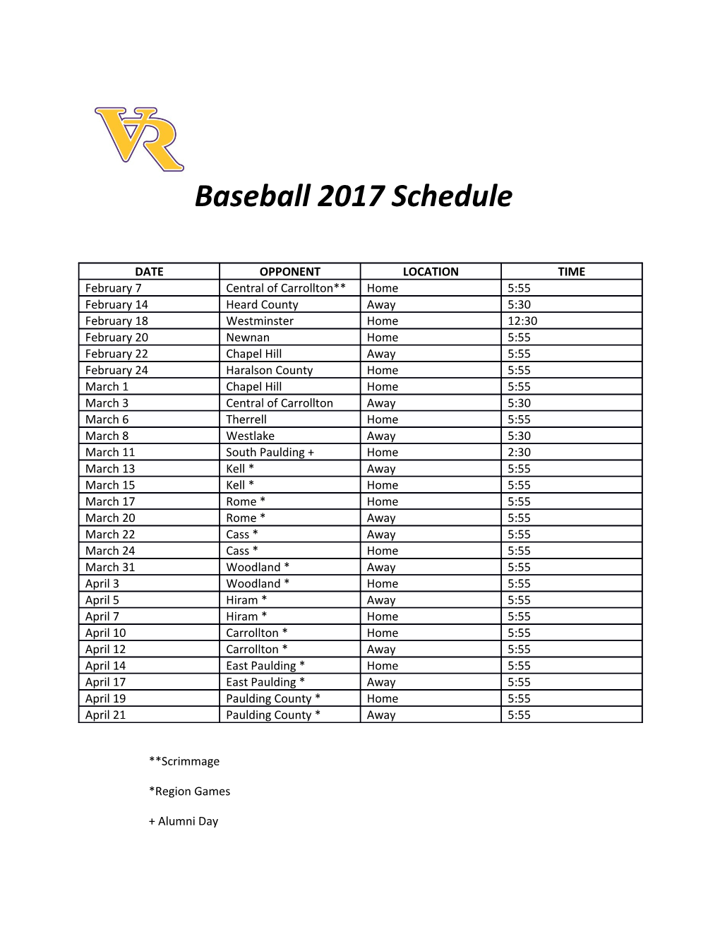 Baseball 2017 Schedule