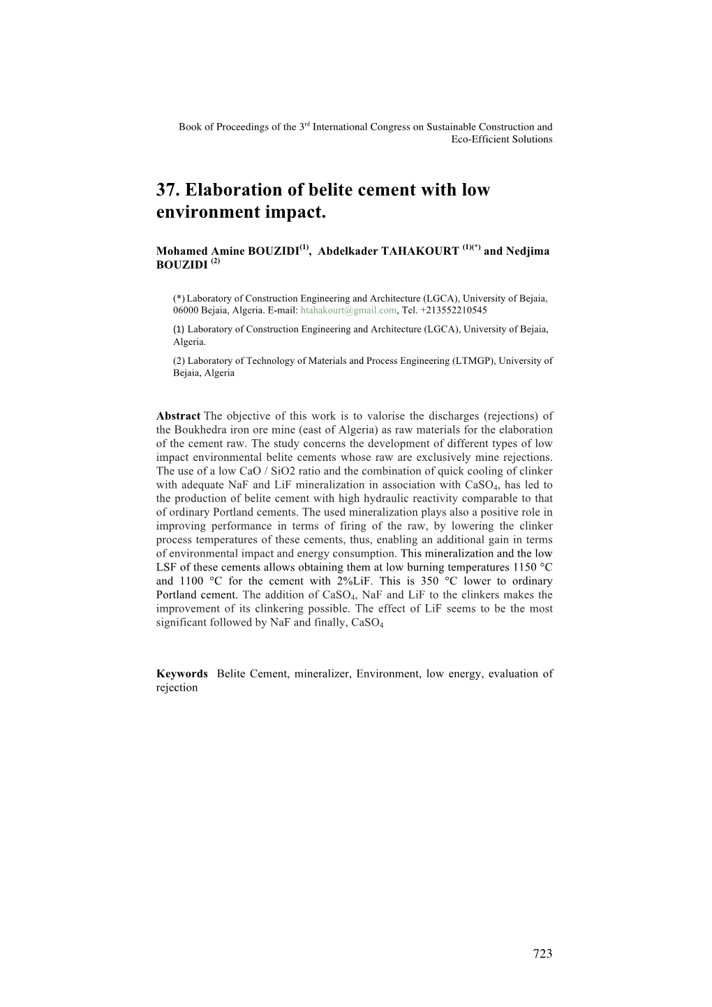 37. Elaboration of Belite Cement with Low Environment Impact