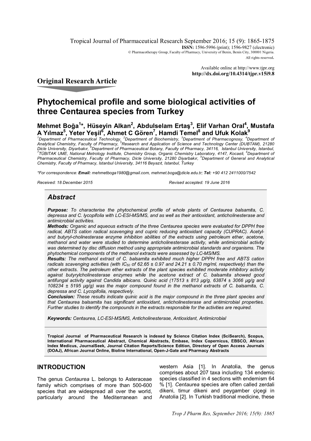 Phytochemical Profile and Some Biological Activities of Three Centaurea Species from Turkey