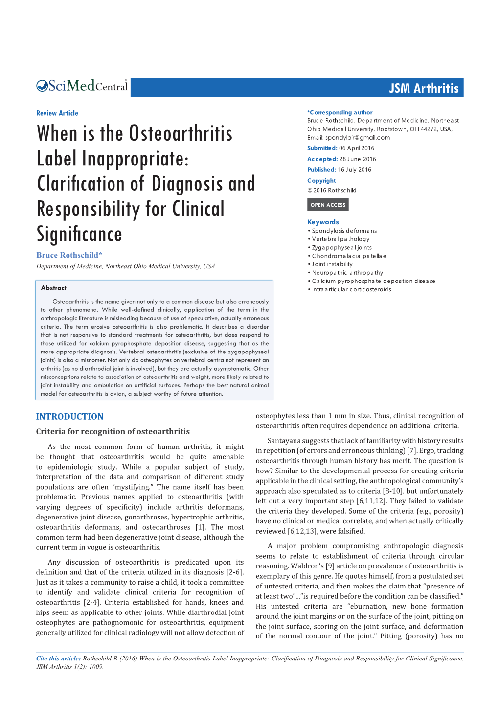 When Is the Osteoarthritis Label Inappropriate: Clarification of Diagnosis and Responsibility for Clinical Significance