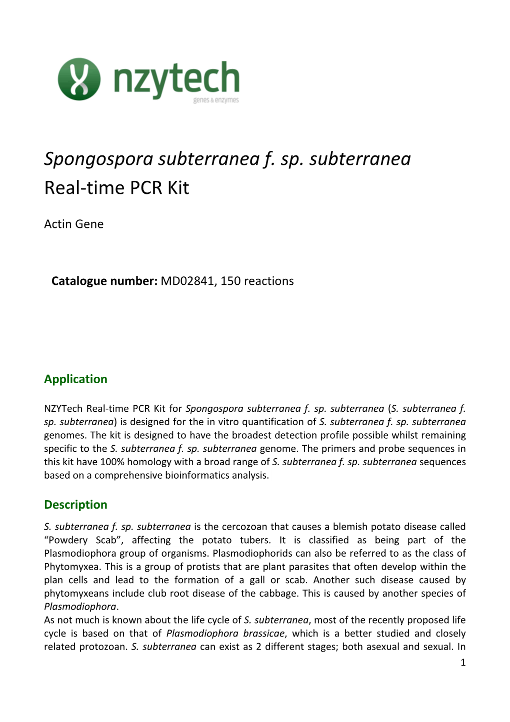 Spongospora Subterranea F. Sp. Subterranea Real-Time PCR Kit