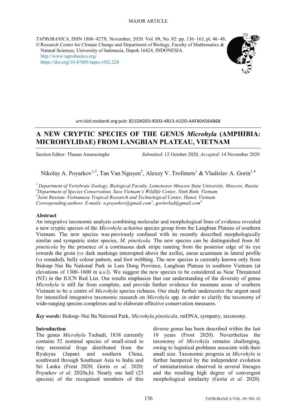 A NEW CRYPTIC SPECIES of the GENUS Microhyla (AMPHIBIA: MICROHYLIDAE) from LANGBIAN PLATEAU, VIETNAM