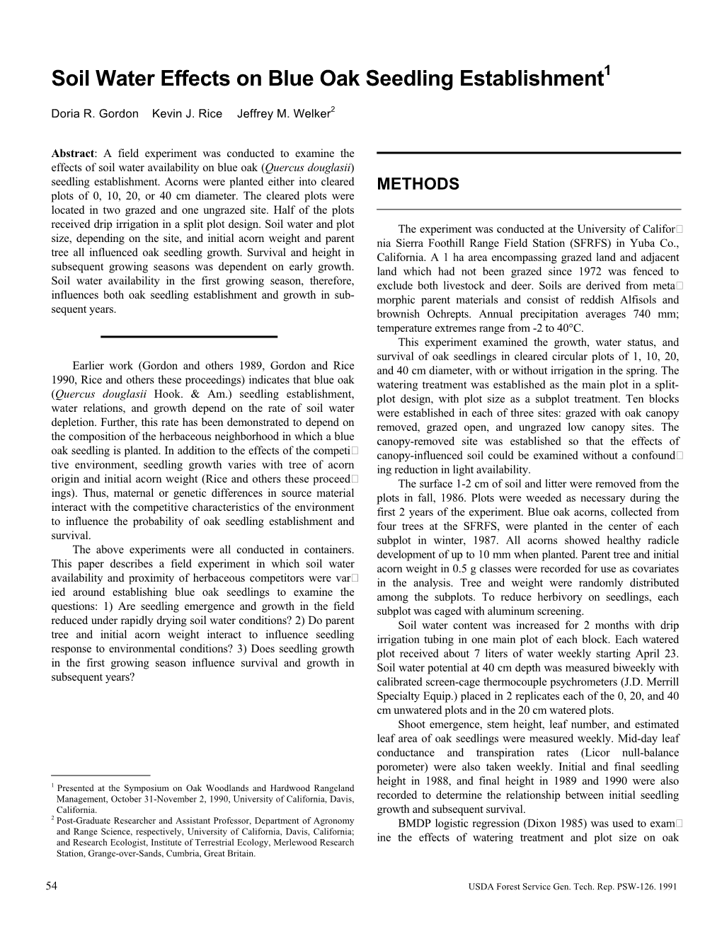 Soil Water Effects on Blue Oak Seedling Establishment1