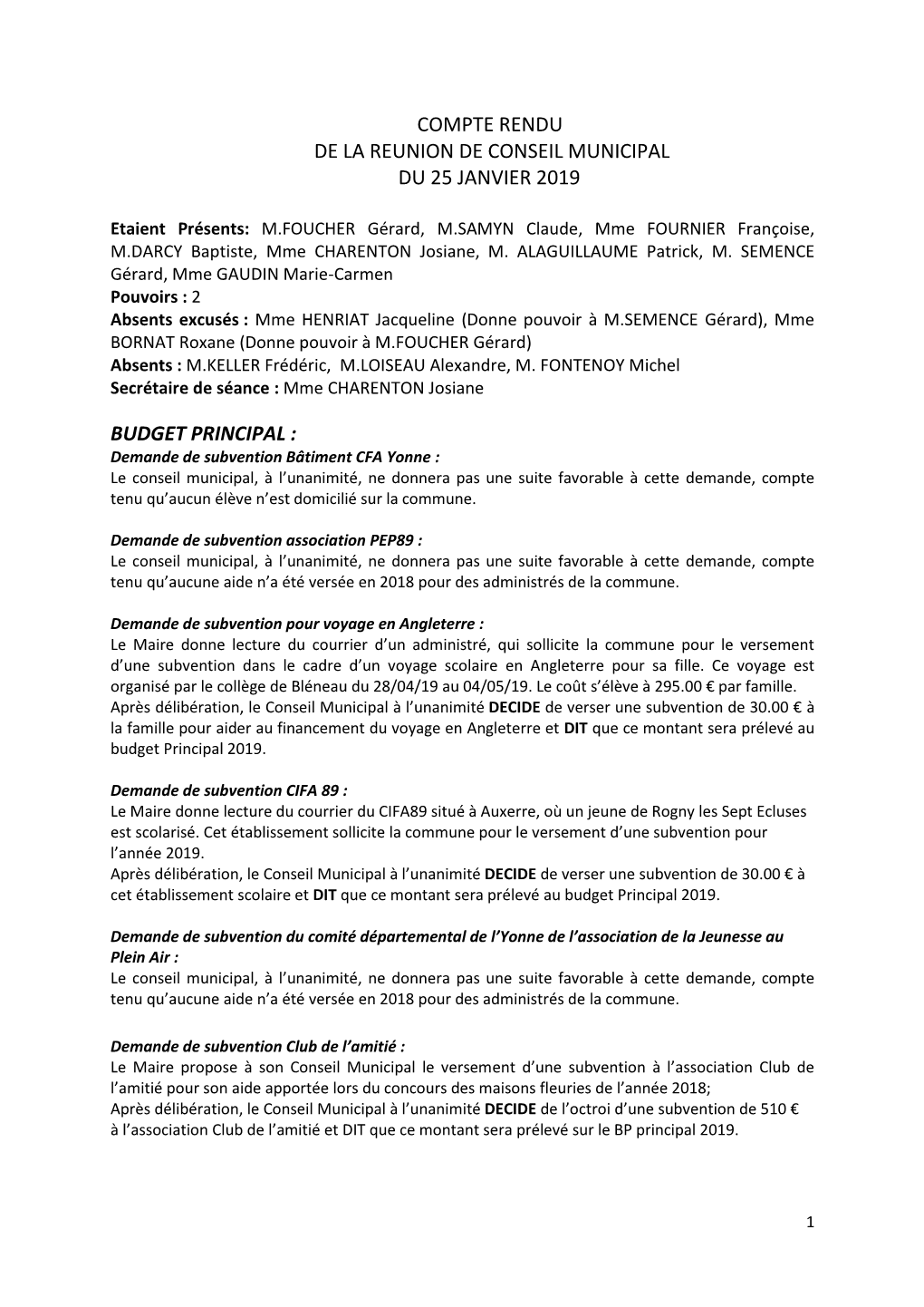 Compte Rendu De La Reunion De Conseil Municipal Du 25 Janvier 2019 Budget Principal