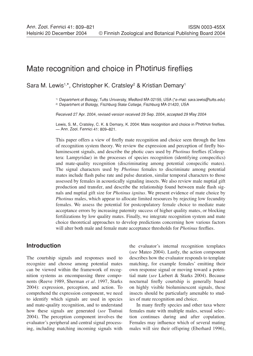 Mate Recognition and Choice in Photinus Fireflies