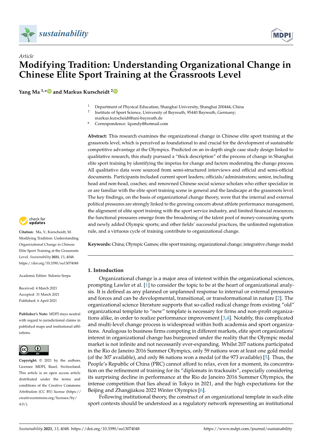 Understanding Organizational Change in Chinese Elite Sport Training at the Grassroots Level