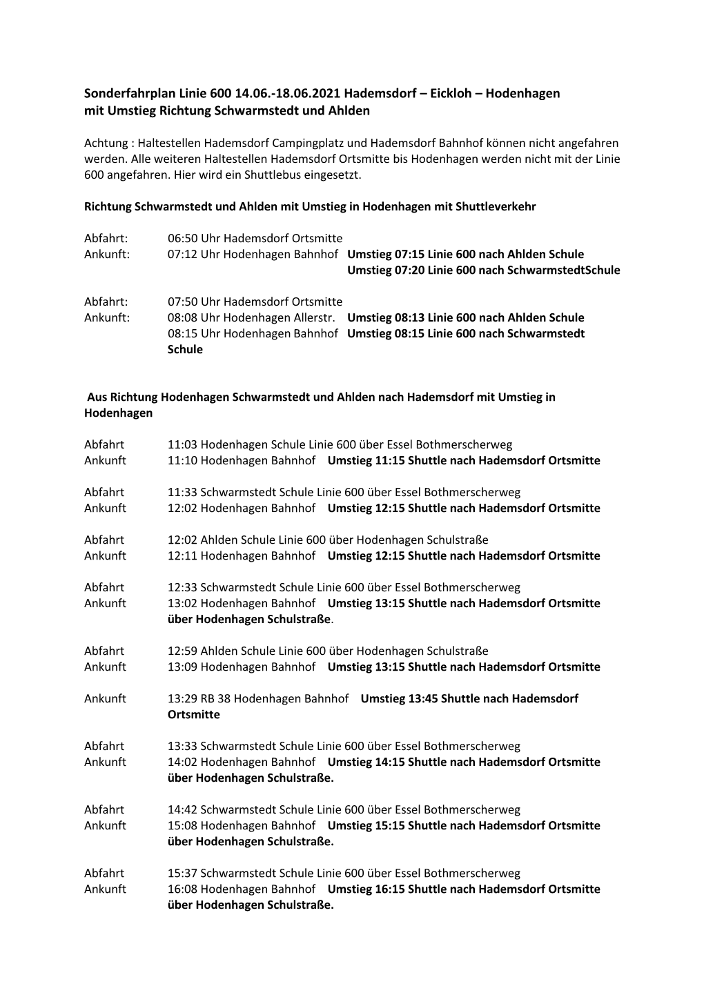 Sonderfahrplan Linie 600 14.06.-18.06.2021 Hademsdorf – Eickloh – Hodenhagen Mit Umstieg Richtung Schwarmstedt Und Ahlden