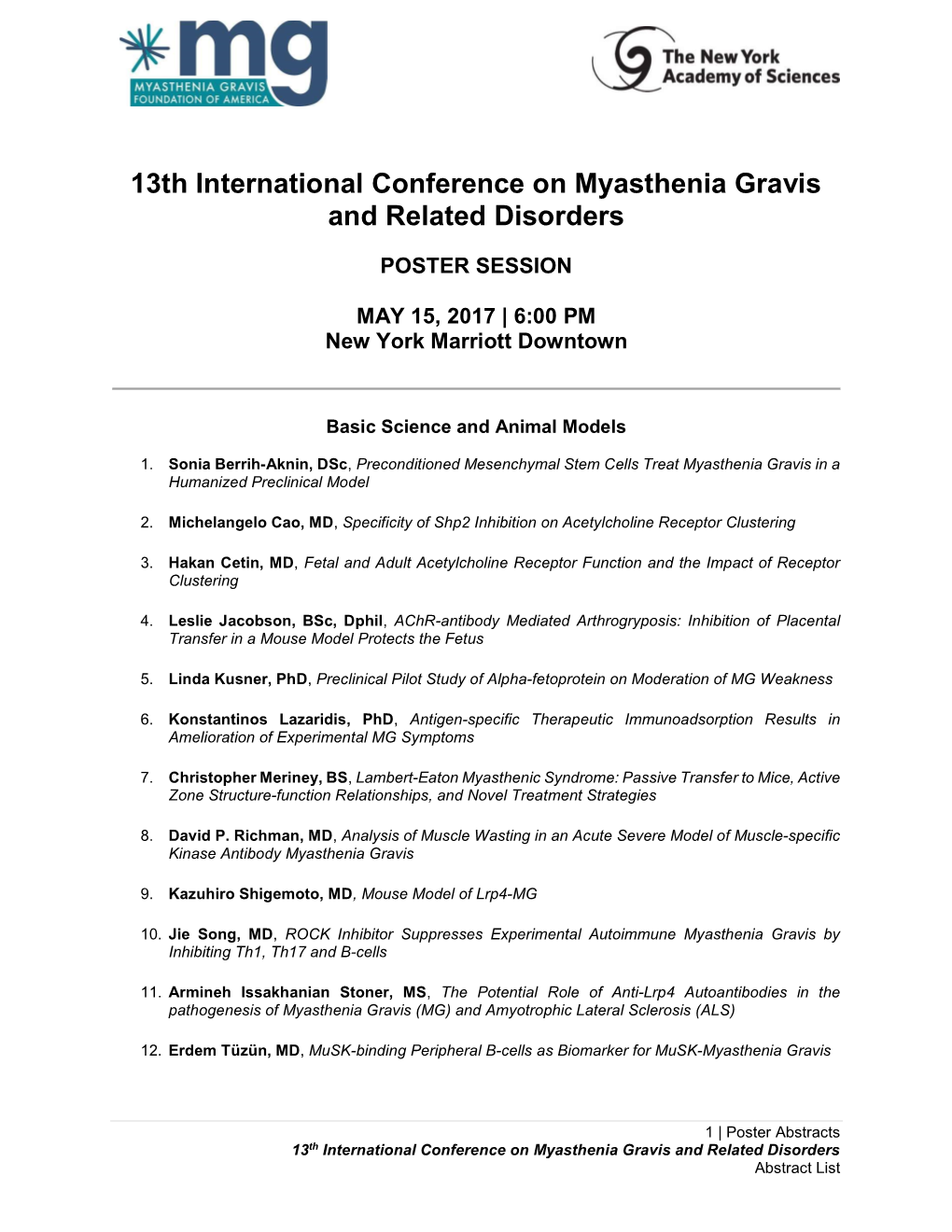 Poster Abstracts 13Th International Conference on Myasthenia Gravis and Related Disorders Abstract List