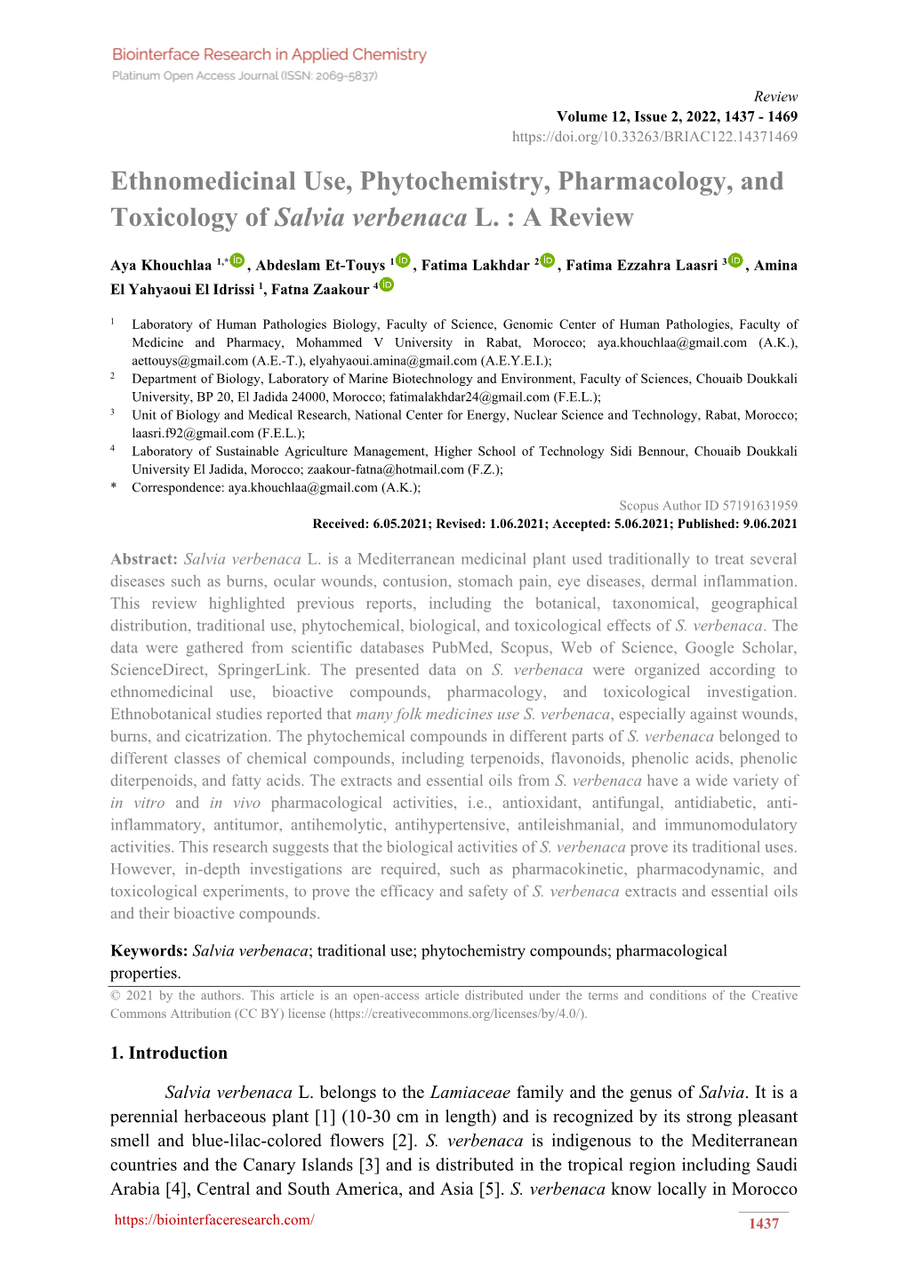 Ethnomedicinal Use, Phytochemistry, Pharmacology, and Toxicology of Salvia Verbenaca L